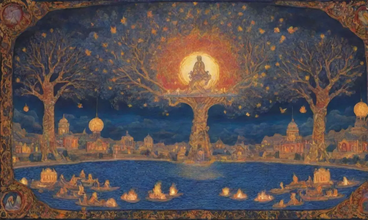 Un paisaje vibrante y espiritual que fusiona colores, símbolos y figuras de la cultura persa
