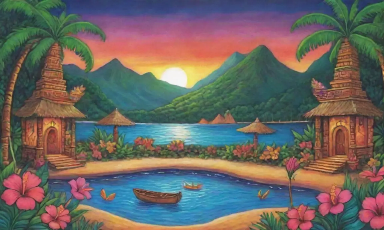 Un paraíso tropical lleno de colores vibrantes, naturaleza exuberante y tradiciones sagradas