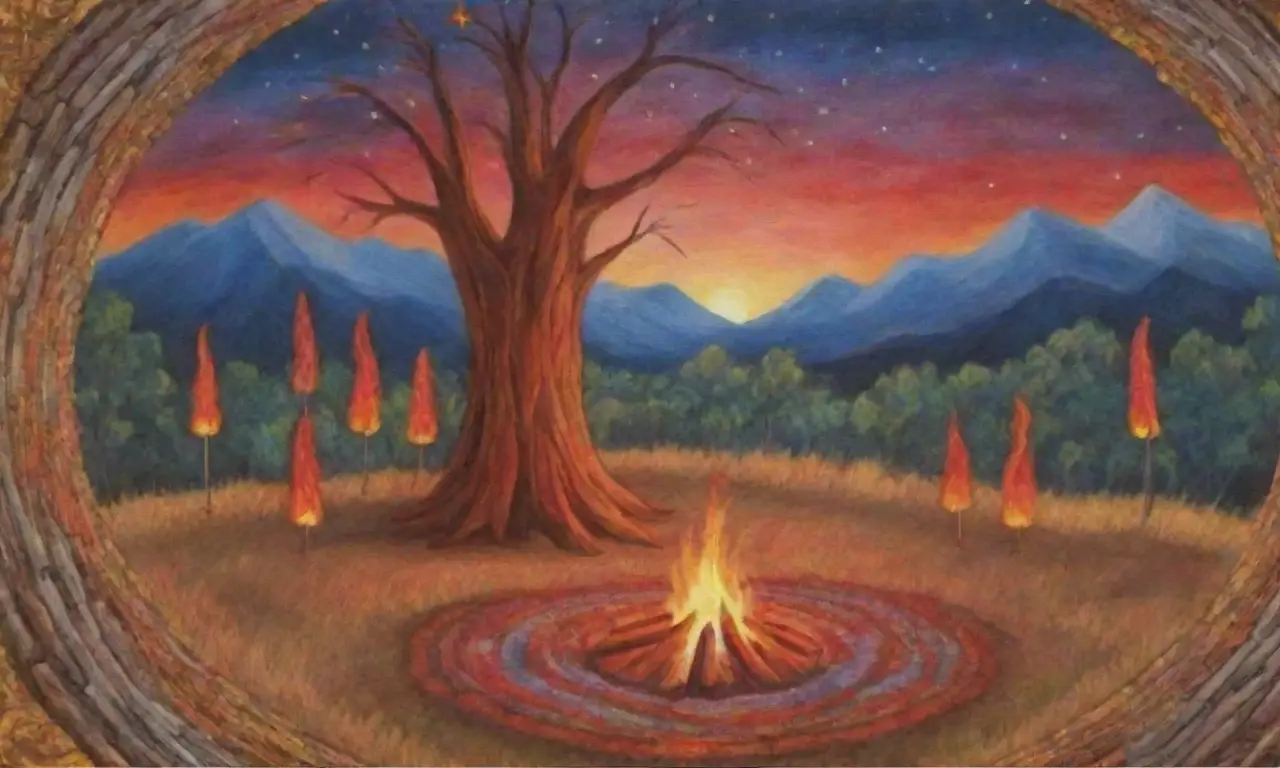 Una ceremonia ancestral se celebra en torno a un fuego sagrado, rodeada de naturaleza y tradición