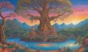 Un paisaje vibrante y místico se despliega con colores