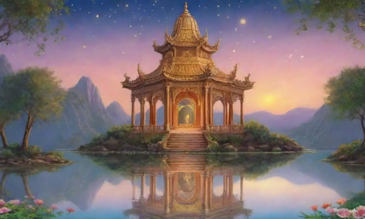 Un paisaje celestial con Psyche y su amor, rodeada de belleza y emociones