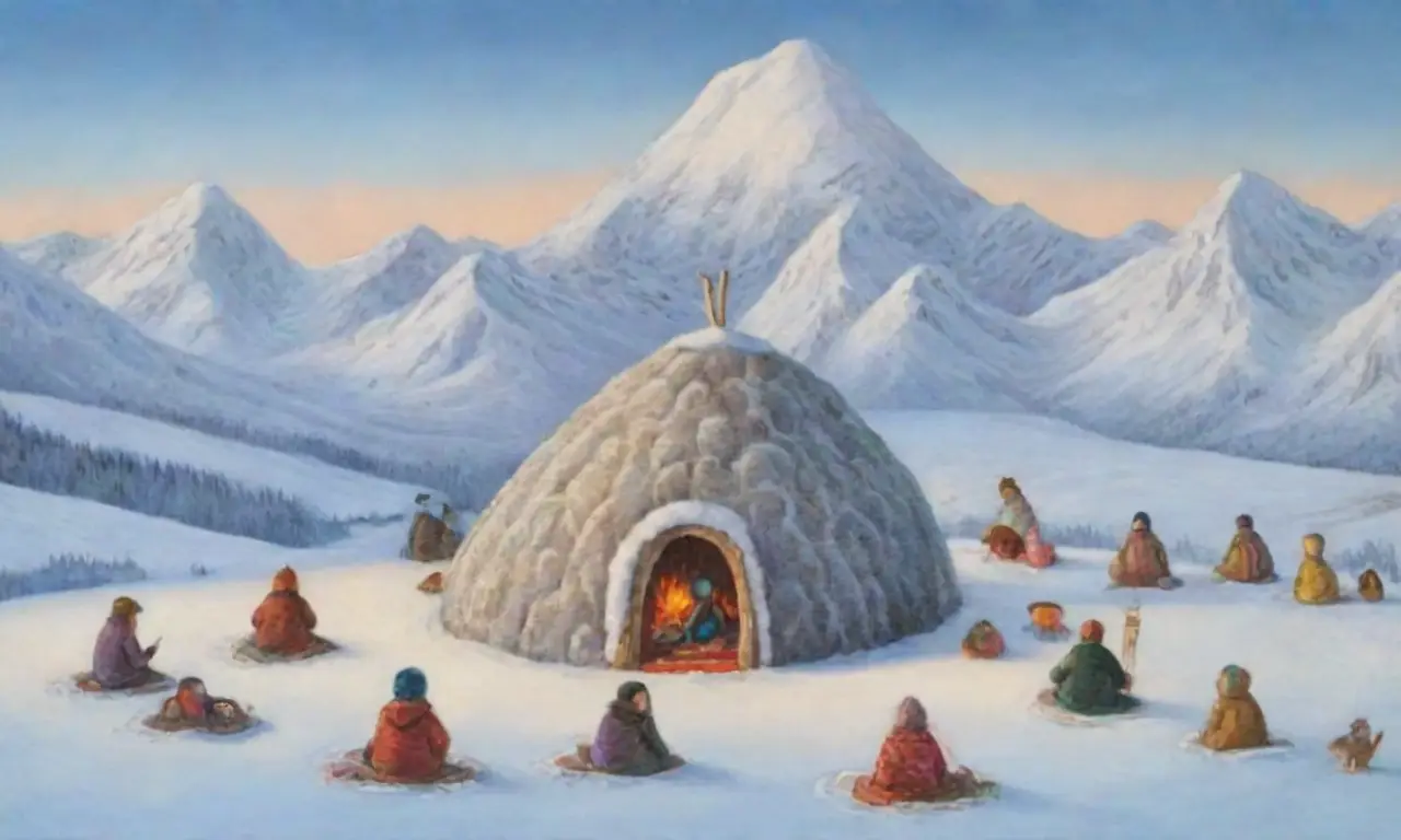 Un paisaje helado con un iglú inuit, niños asombrados, textiles vibrantes y una comunidad unida en armonía con la naturaleza