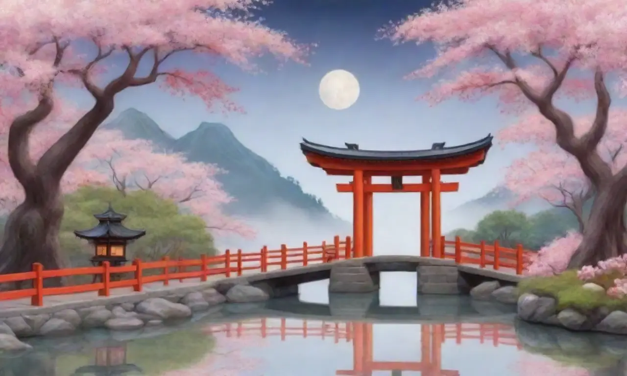 Un paisaje sereno de montañas brumosas, cerezos en flor, un estanque tranquilo y espíritus etéreos que evocan la esencia de Japón