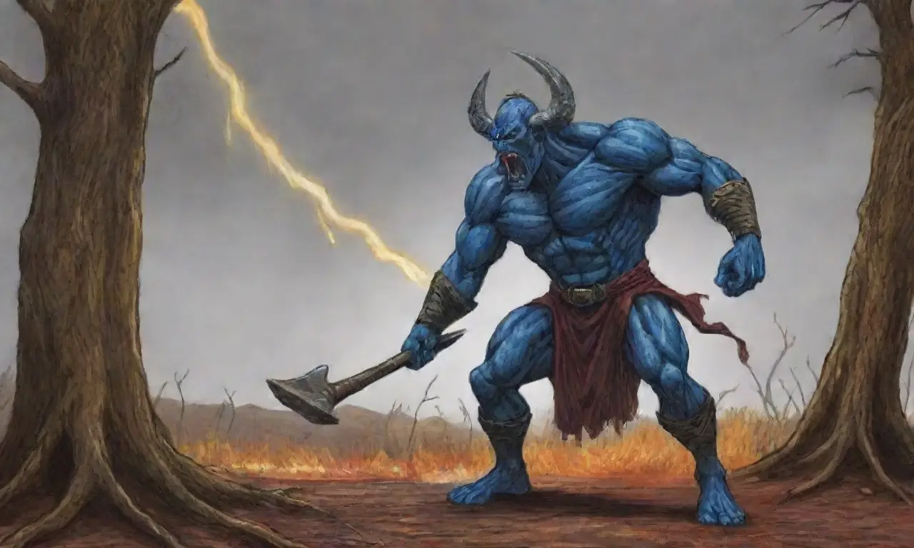 Un cielo tormentoso con relámpagos, Perun y Veles enfrentándose en un campo de batalla lleno de caos y mitología