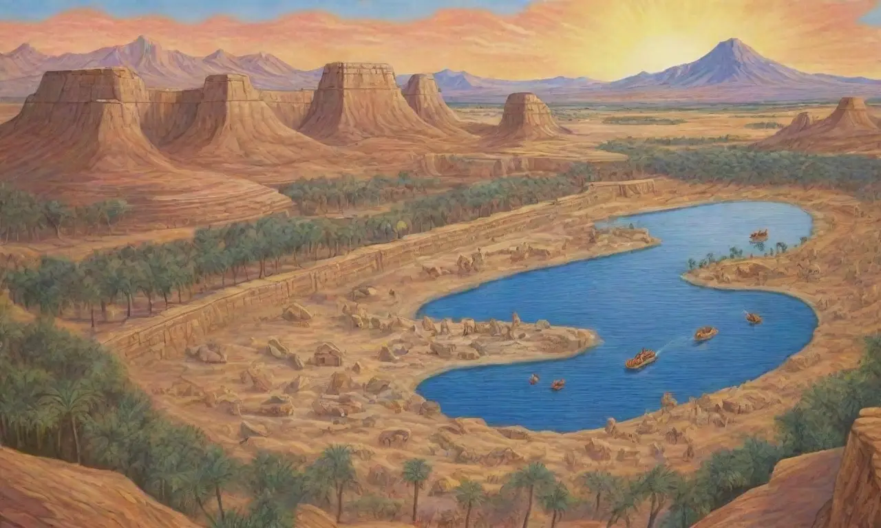 Un vasto desierto con ziggurats, un héroe en pie, un león de piedra y un aire de valentía y eternidad