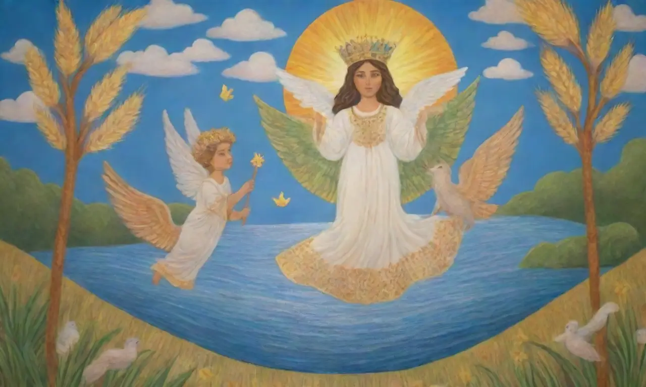 Un mural vibrante con Tinia rodeado de naturaleza, luz y abundancia