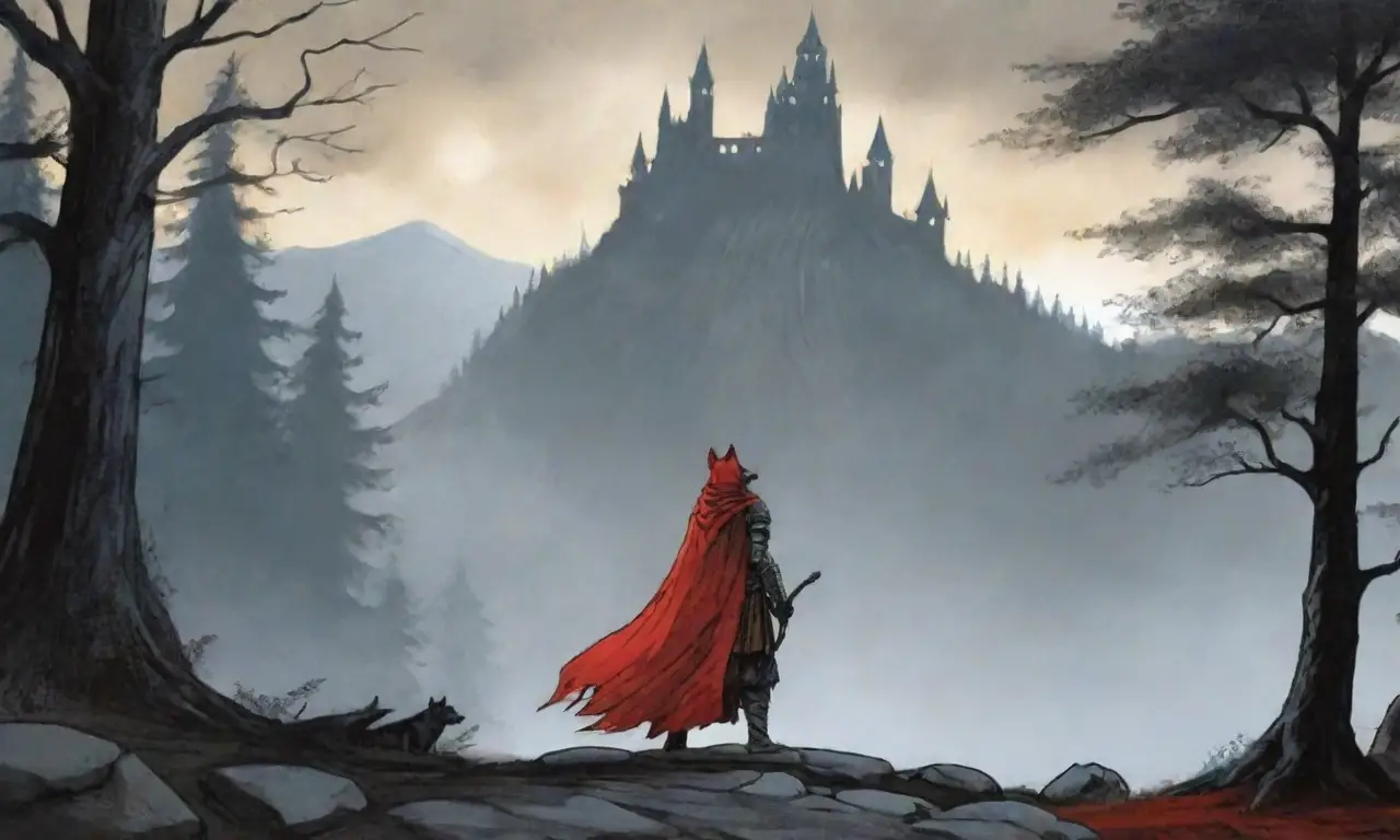 Un paisaje oscuro y místico con un guerrero en armadura, un castillo en ruinas y criaturas míticas