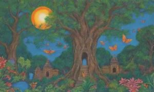 Un vibrante paisaje de selva con templos antiguos