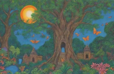 Un vibrante paisaje de selva con templos antiguos