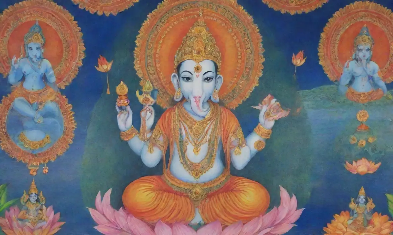 Escena divina con Vishnu, Ganesha y Shiva en un fondo azul vibrante, rodeados de patrones, flores de loto y luz radiante