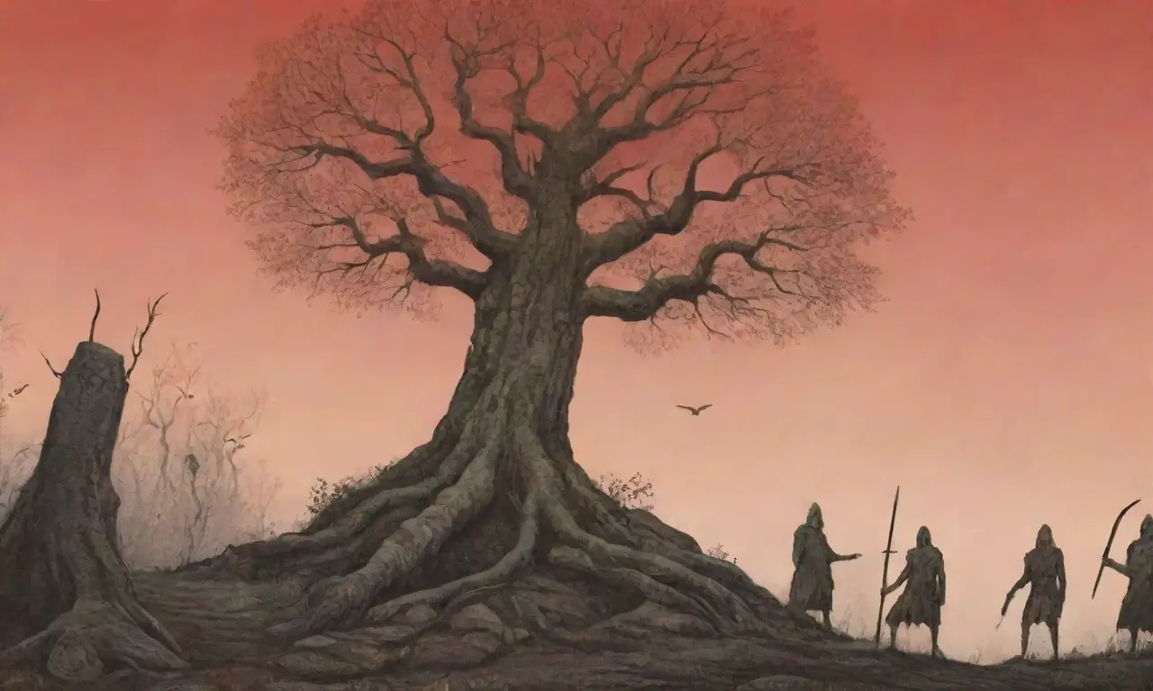 Un bosque oscuro con árboles retorcidos