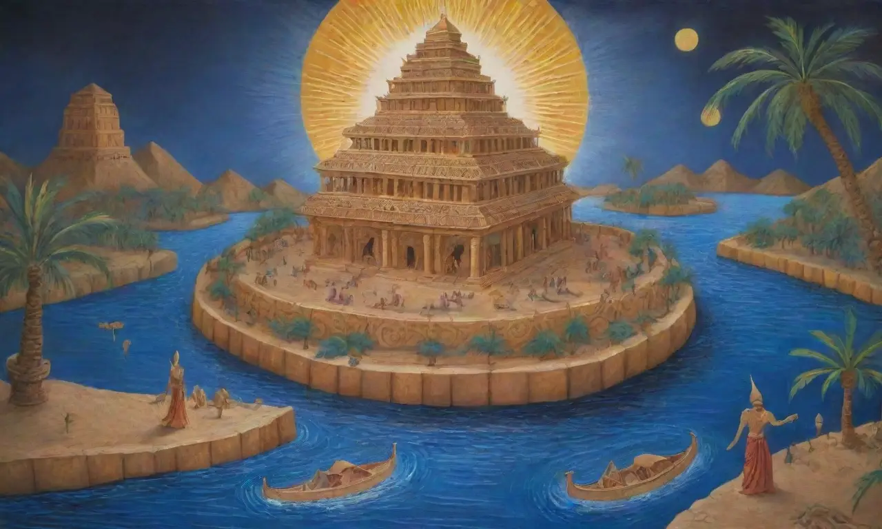 Una escena vibrante que fusiona dioses sumerios, ziggurats, naturaleza y la historia antigua