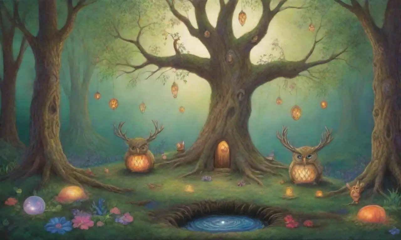 Un bosque encantado lleno de árboles antiguos, criaturas etéreas y magia