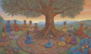 Un colorido encuentro cultural bajo un árbol