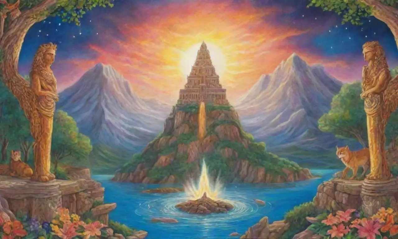 Un paisaje mágico y vibrante lleno de dioses