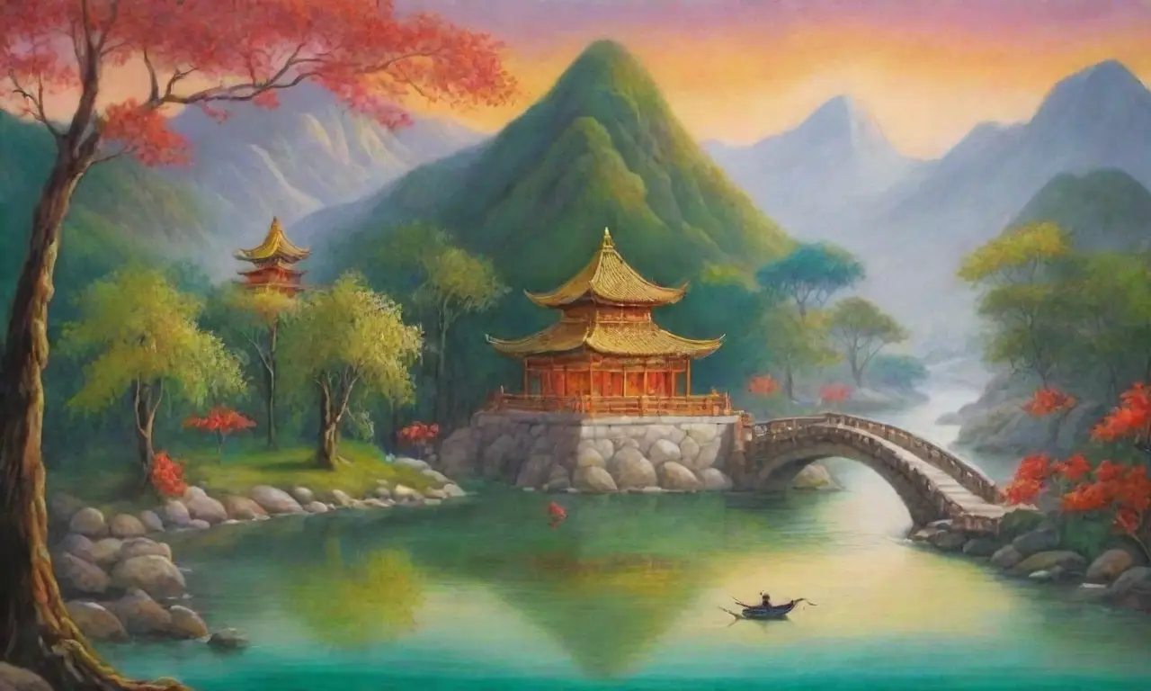 Un río dorado fluye entre árboles antiguos y pagodas, rodeado de mitos, flores de loto y festivales vibrantes