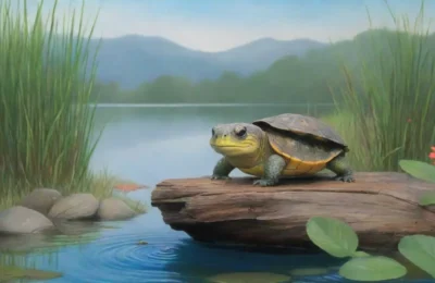 Un tranquilo paisaje junto al río con un Kappa curioso