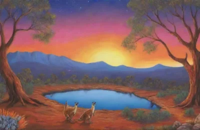 Un paisaje australiano vibrante y lleno de vida se despliega bajo un cielo estrellado