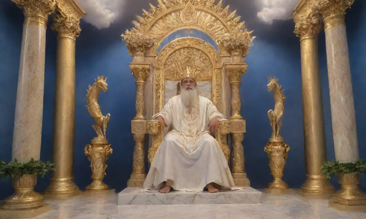 Zeus majestuoso en su trono, rodeado de luz, poder y mitología
