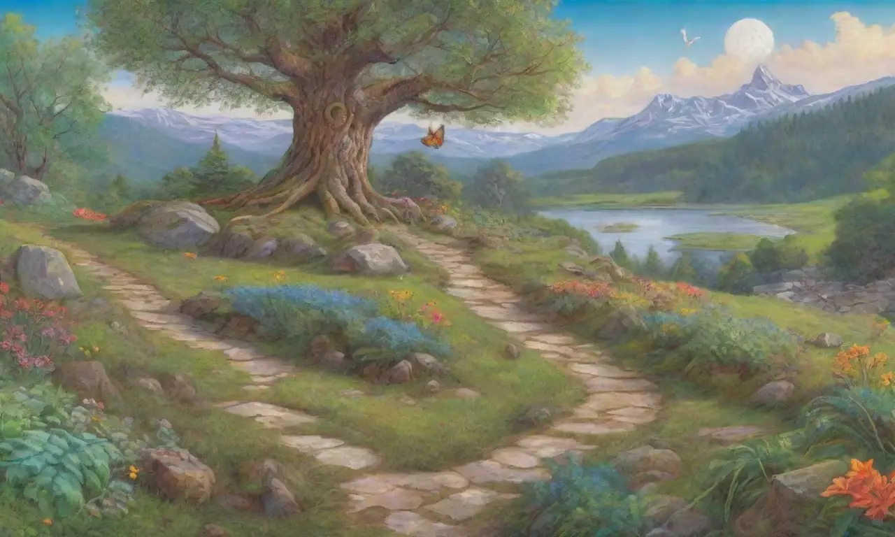 Un paisaje vibrante de naturaleza, flores, luz dorada y la figura serena de Freyja rodeada de abundancia