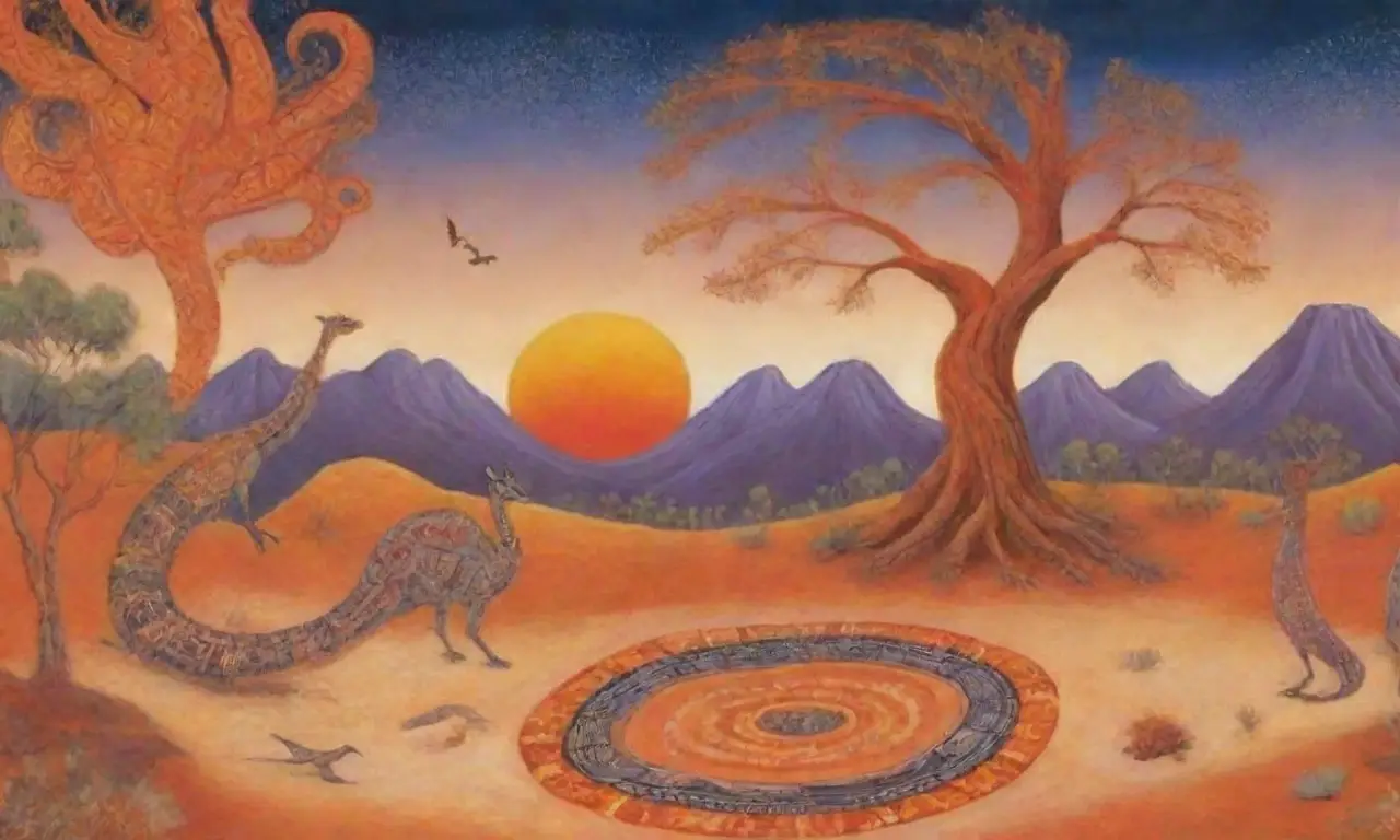 Colores óxido vibrantes y paisajes desérticos con arte tribal y conexión ancestral