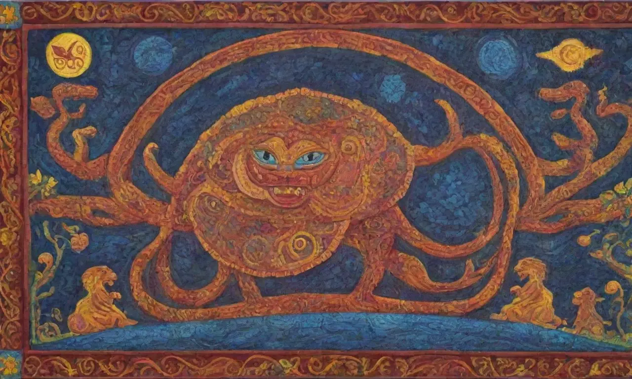 Tabletas antiguas con grabados intrincados y colores vibrantes representan mitología y cultura