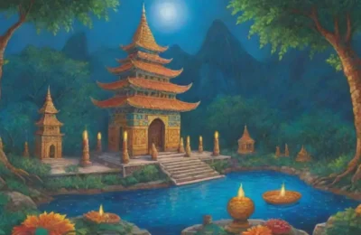 Un ritual atemporal en una jungla vibrante con un templo antiguo