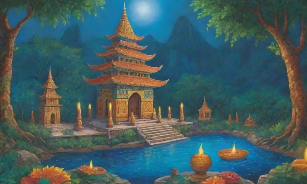 Un ritual atemporal en una jungla vibrante con un templo antiguo
