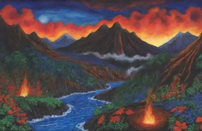 Colores tropicales vibrantes y paisajes místicos evocan leyendas antiguas