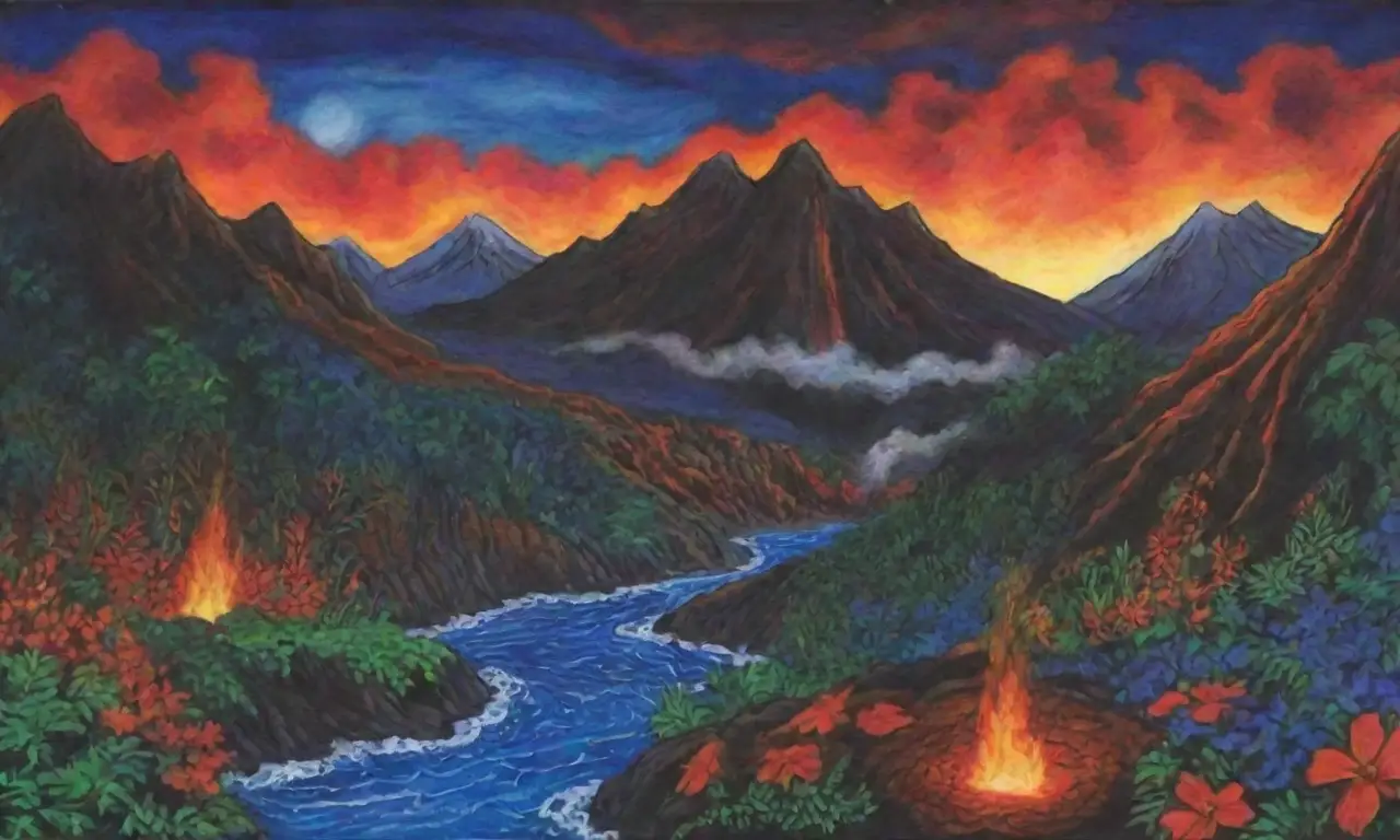 Colores tropicales vibrantes y paisajes místicos evocan leyendas antiguas