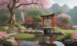 Un paisaje sereno con cerezos en flor