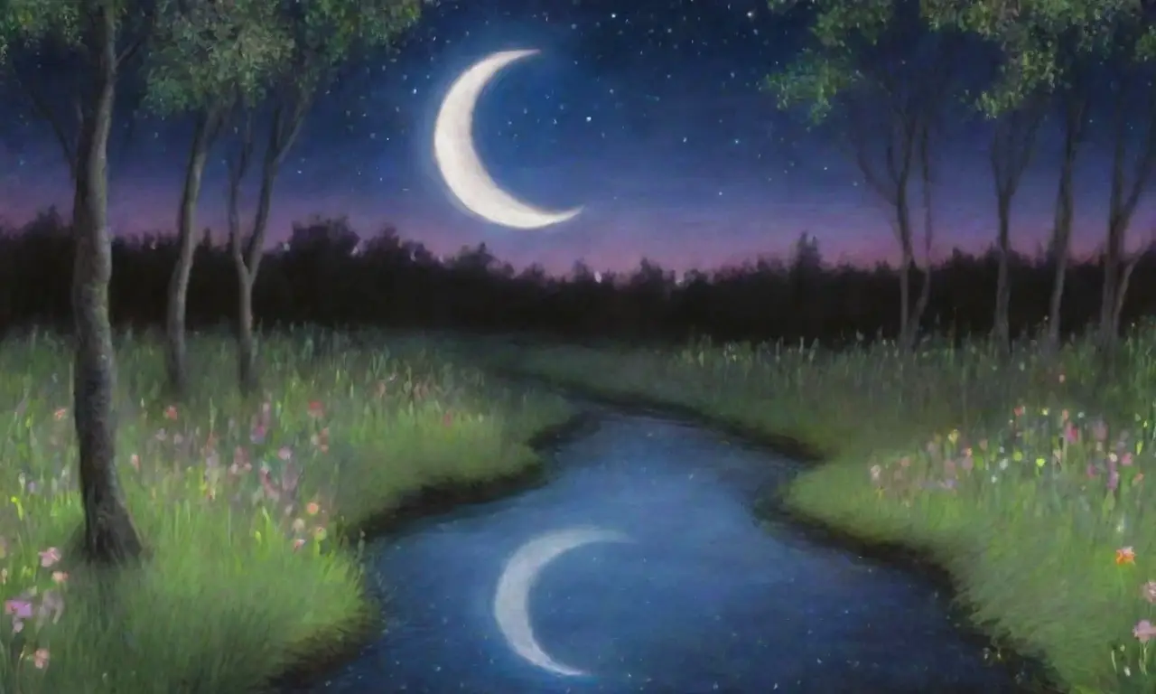 Un claro de bosque brumoso refleja la luna, con figuras etéreas y un aire de misterio