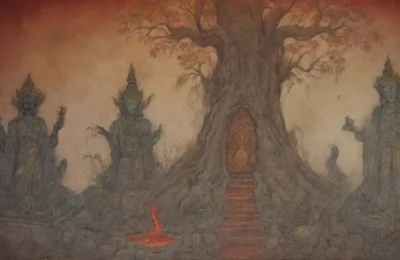 Un paisaje oscuro y misterioso lleno de símbolos antiguos