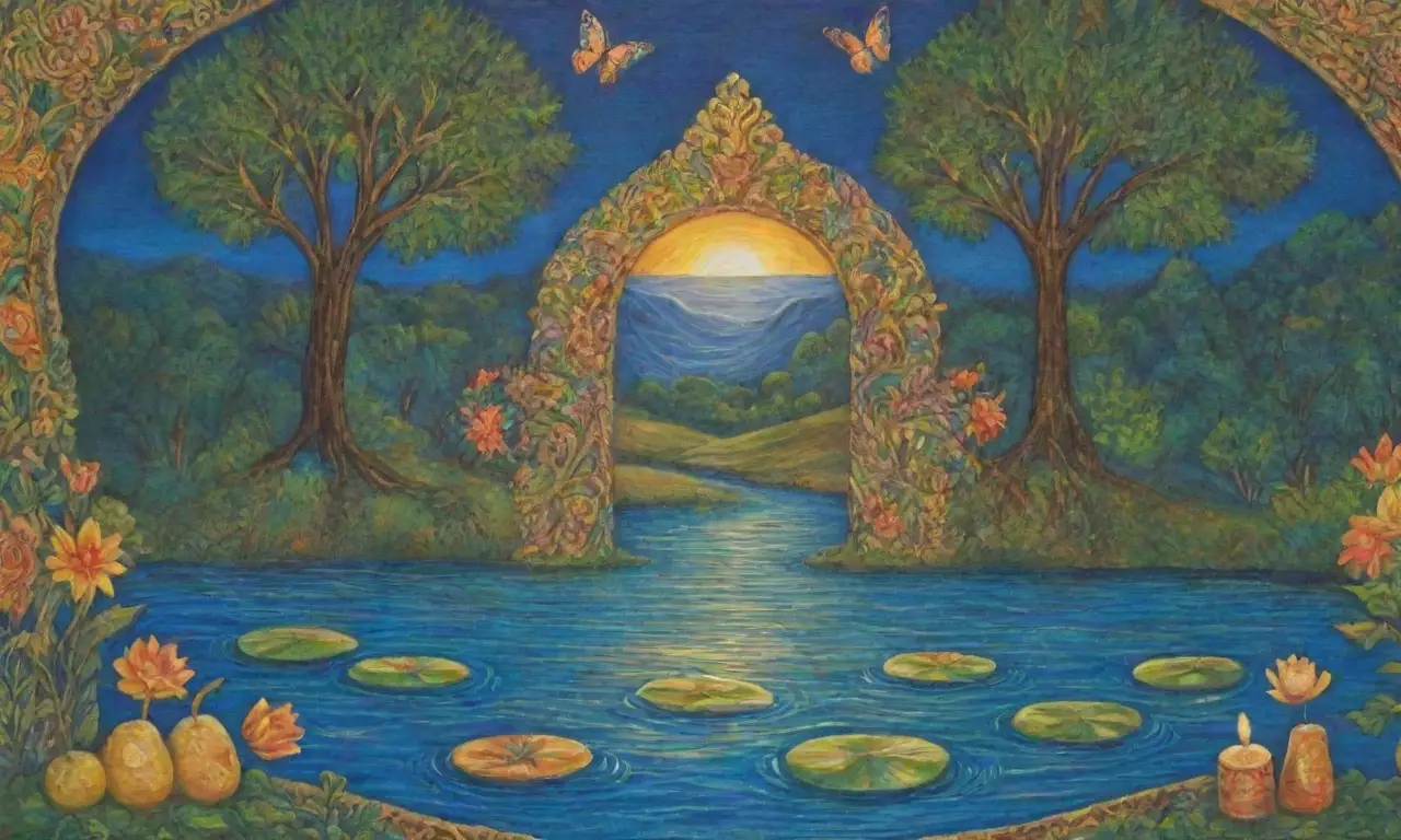 Un paisaje vibrante de colores, agua, flores y espiritualidad