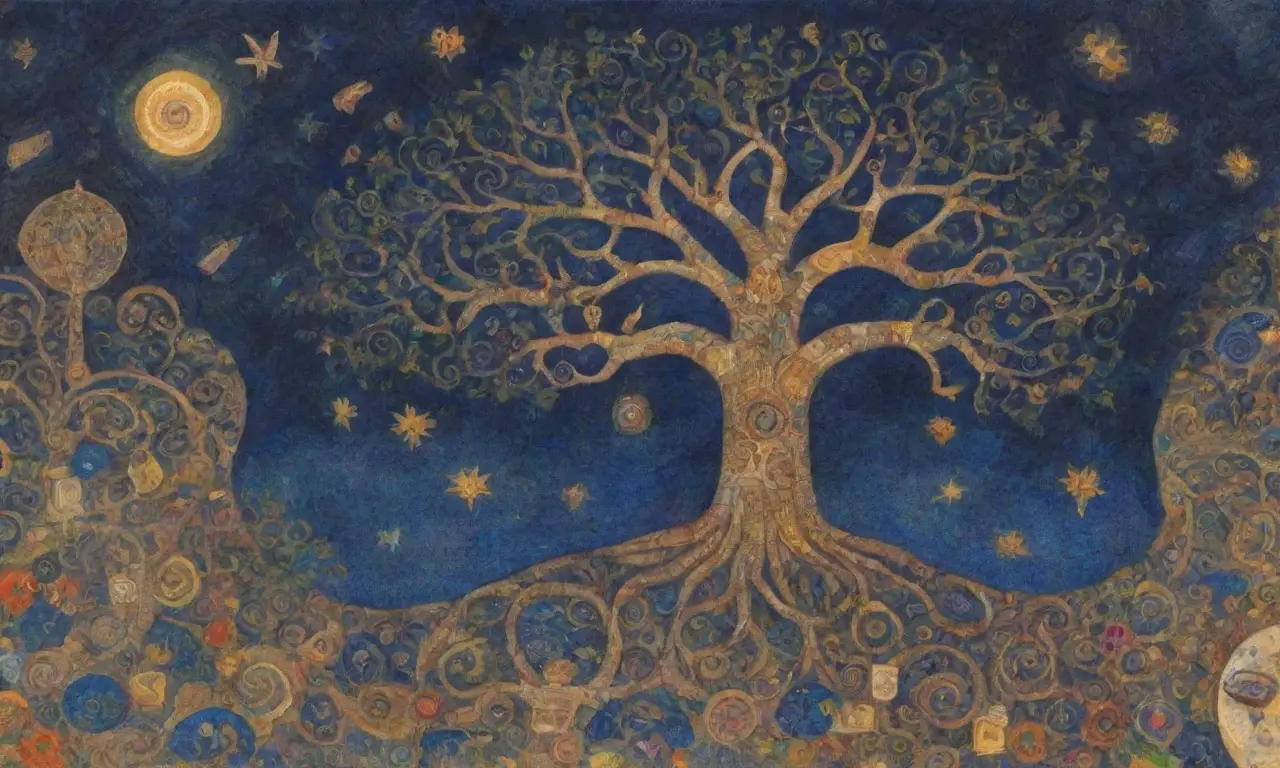 Un tapiz de símbolos antiguos y colores vibrantes que entrelazan mitos y culturas