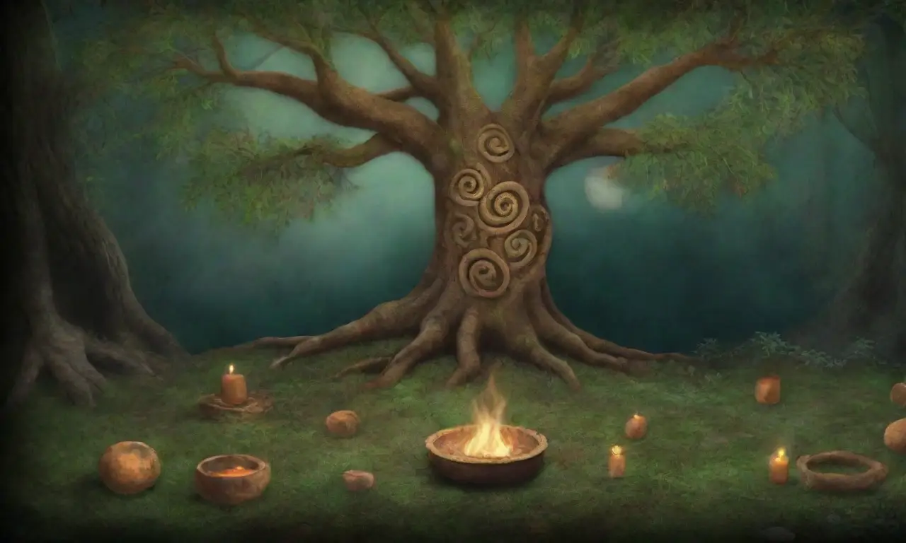 Un bosque místico con círculos de piedra, niebla, símbolos alquímicos, luces brillantes y una atmósfera mágica
