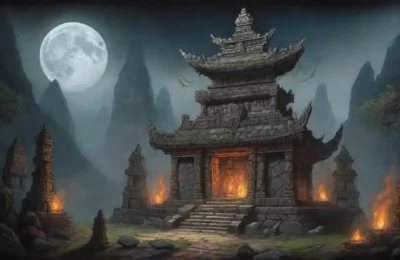 Un paisaje oscuro y misterioso con templos antiguos