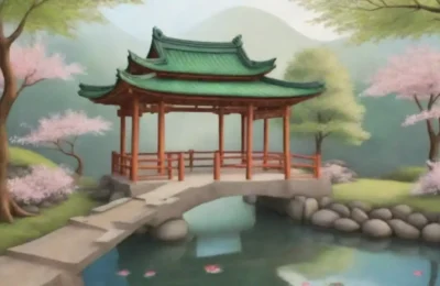 Un paisaje japonés sereno con cerezos en flor