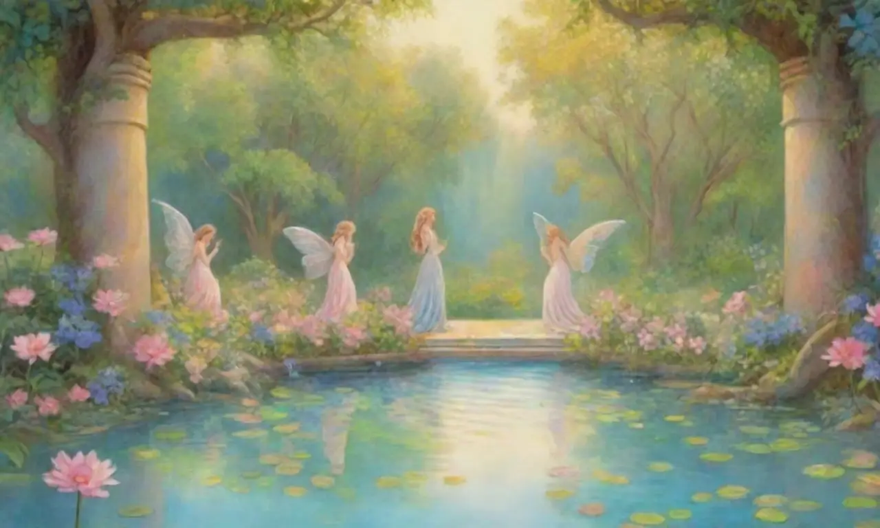 Un paisaje etéreo y sereno combina colores suaves, figuras de ninfas y elementos mitológicos en una belleza atemporal