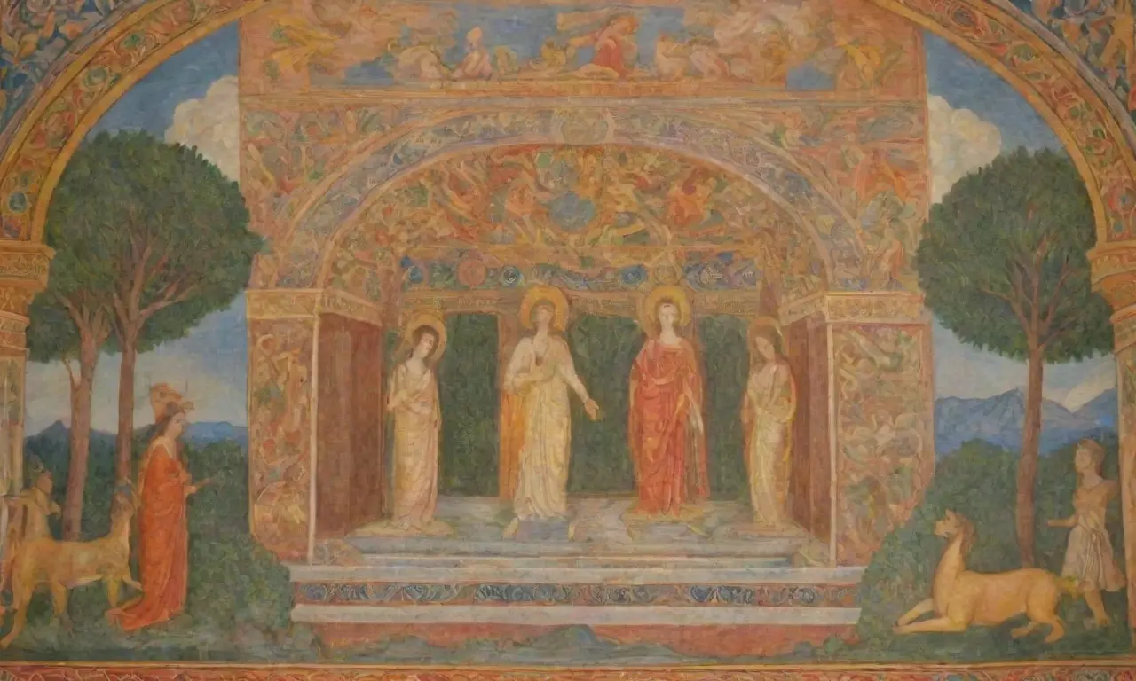 Arte antiguo lleno de frescos vibrantes, mosaicos intrincados y figuras mitológicas