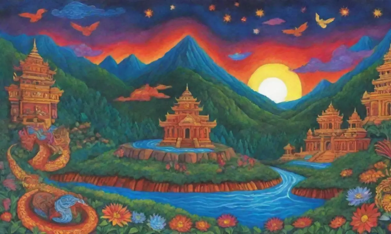 Un paisaje vibrante de colores, naturaleza y espiritualidad entrelazadas