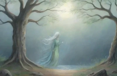 Un bosque brumoso con una banshee y una selkie
