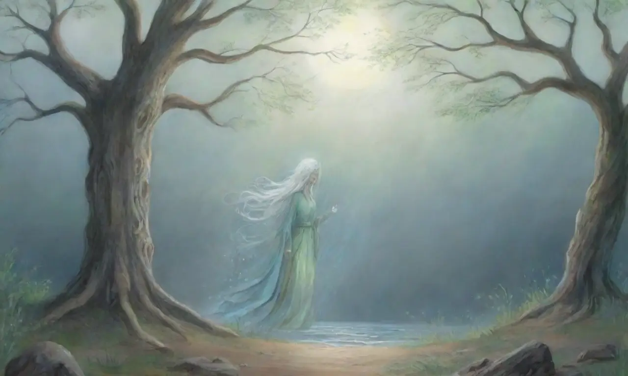 Un bosque brumoso con una banshee y una selkie