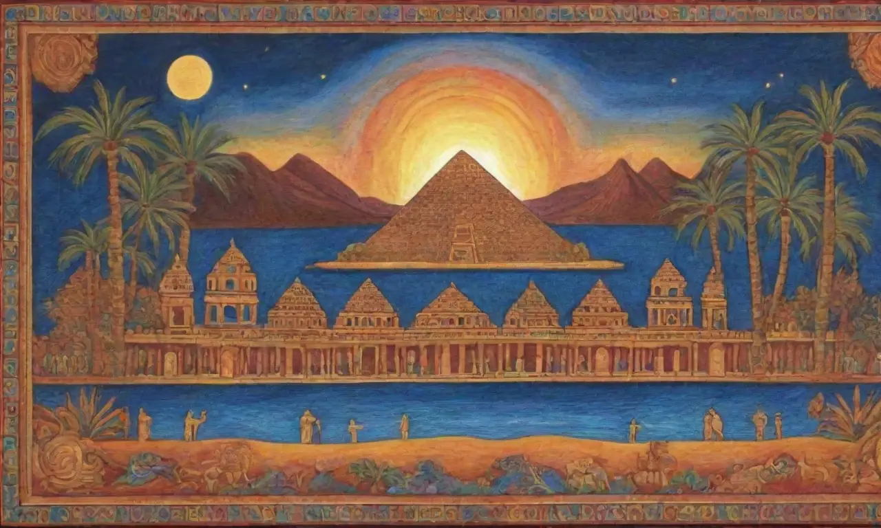 Un vibrante tapiz de colores, símbolos y mitología evoca la rica historia de antiguas civilizaciones