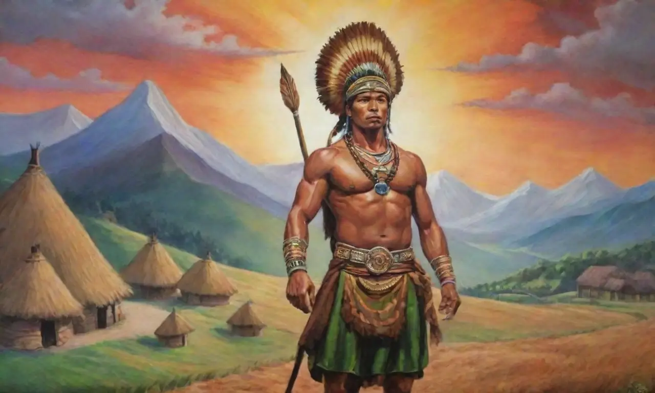 Un guerrero vibrante en atuendo tradicional, con un fondo de naturaleza y unidad cultural