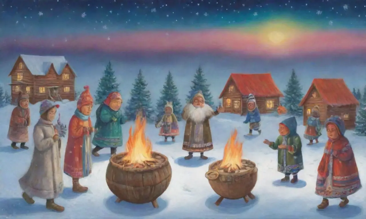 Un paisaje helado sereno con Inuit reunidos alrededor de un fuego, celebrando tradiciones bajo un cielo estrellado y auroras boreales