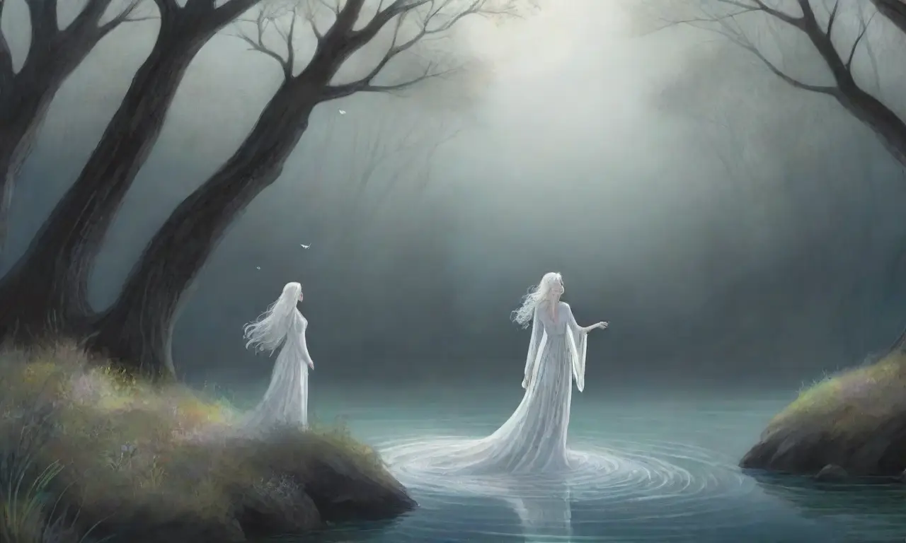 Un bosque brumoso y mágico con una banshee, una selkie, un faro solitario y un lago reflejando la luna