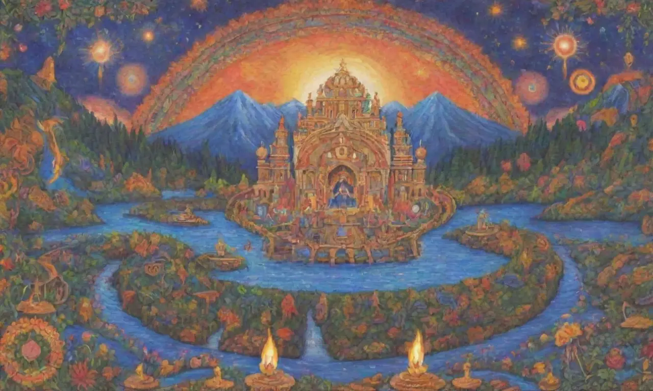 Un tapiz espiritual de símbolos antiguos y paisajes místicos
