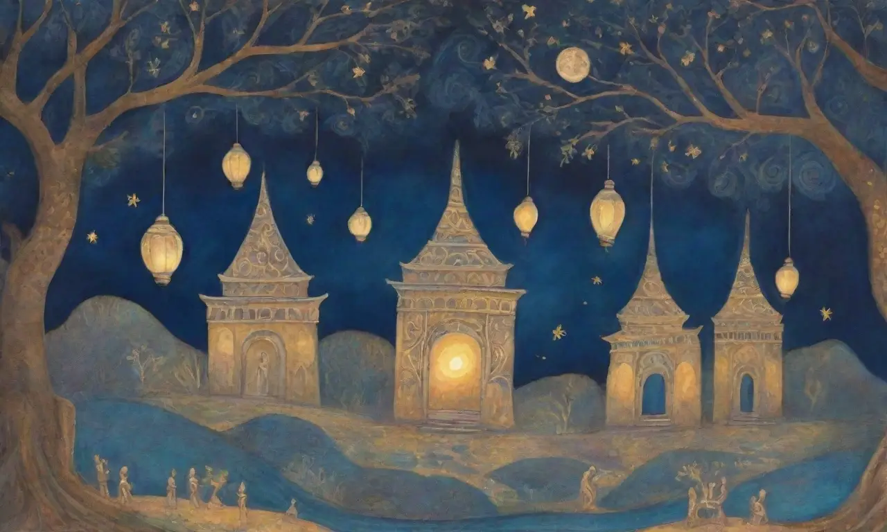 Un tapiz celestial de azules y dorados, con deidades etéreas, ruinas antiguas y un aire de misterio