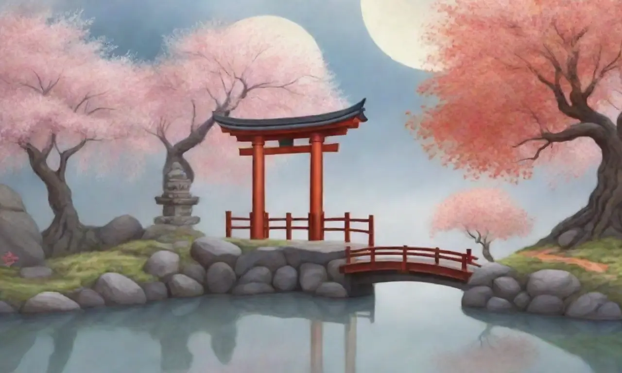 Un paisaje sereno con montañas, cerezos en flor, un torii, un camino hacia un santuario y una atmósfera de paz